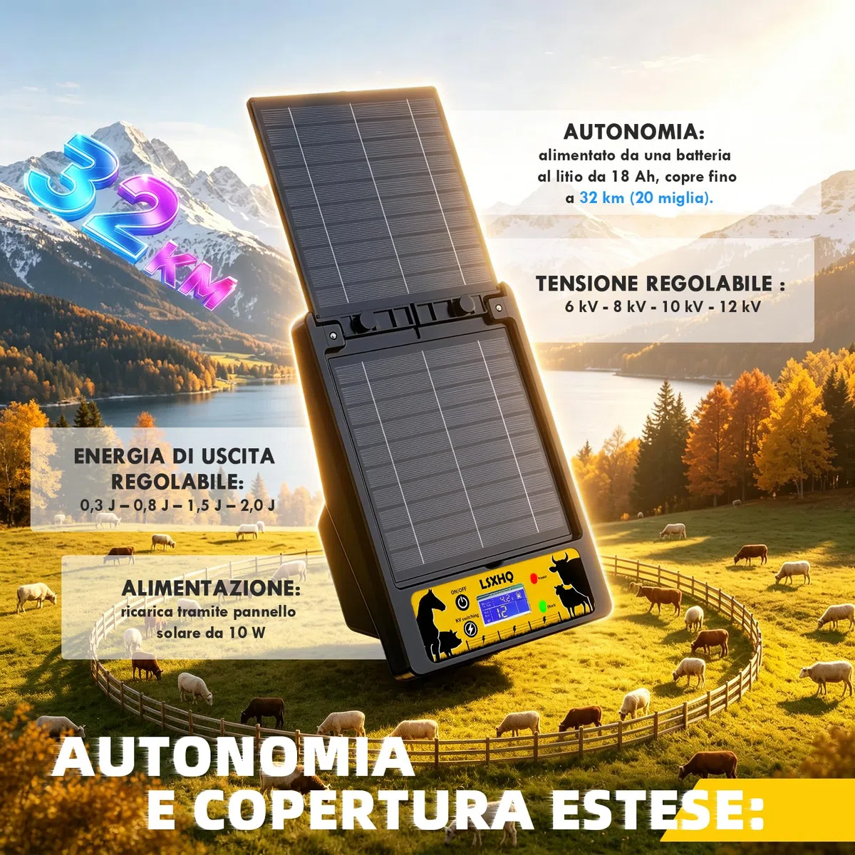 Elettrificatore per Recinti Solare 32 KM, 0.3-2J, 6KV-12KV Regolabile, Portata, Elettrificatore con Pannello Solare 10W, Batteria al Litio 18000mAh, Protezione Sicura per Giardini, Pollame(Nero)