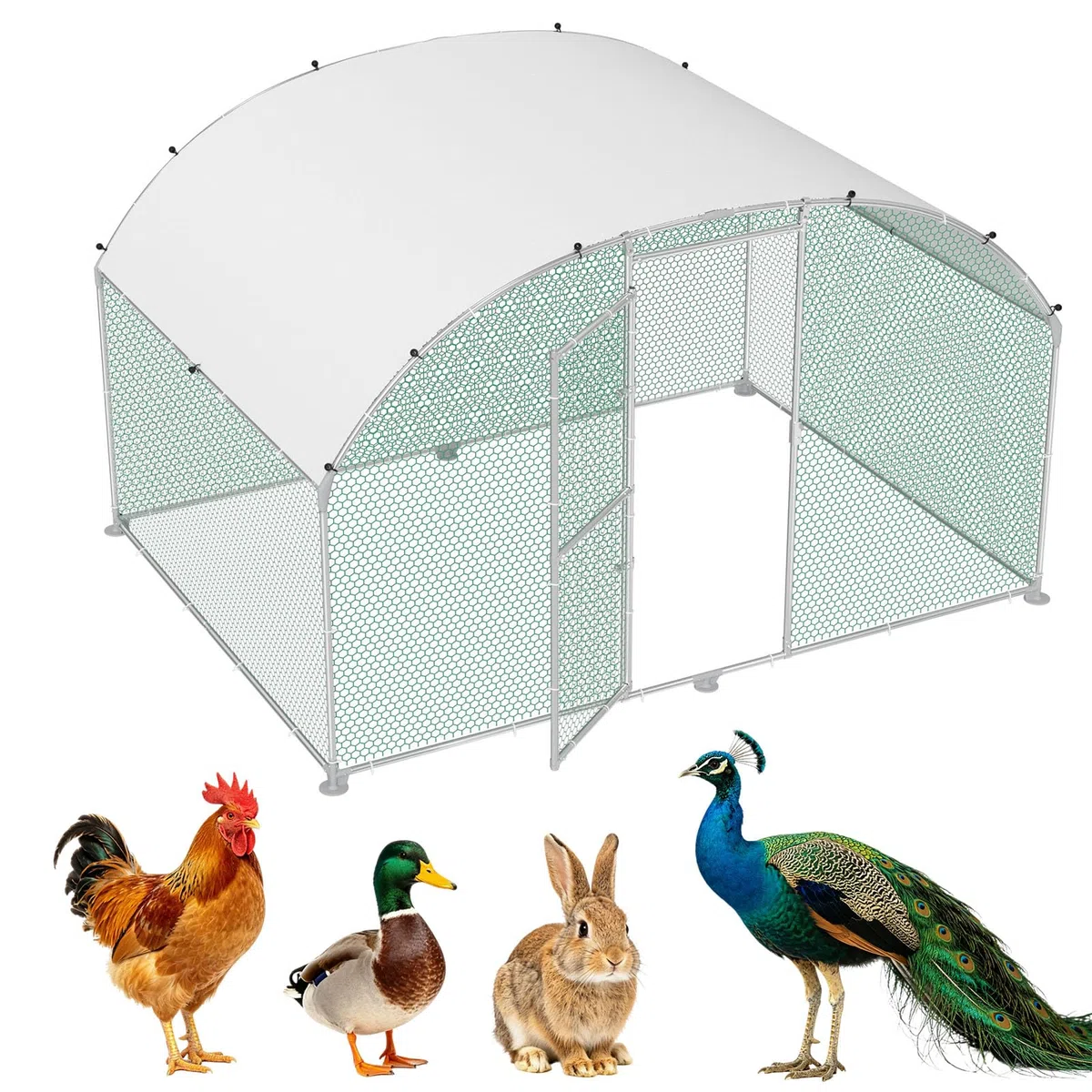 LZQ Gabbia per polli a ruota libera 3 x 2 m in metallo zincato per animali domestici, pollaio, pollaio, pollaio, pollaio, con protezione solare, tetto e porta, per polli, conigli, piccoli animali