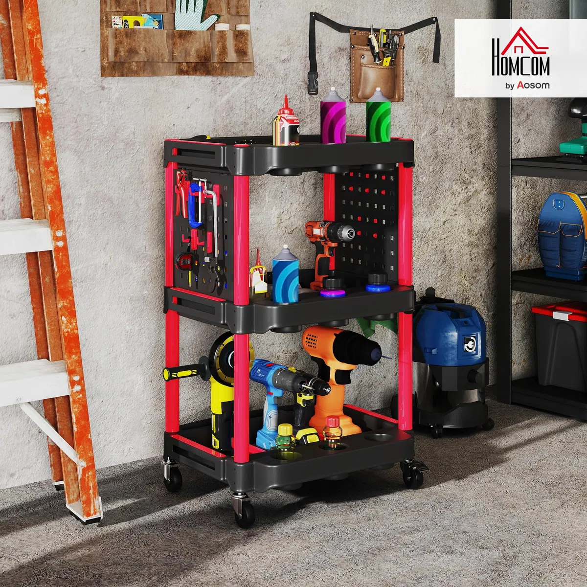 HOMCOM Carrello Porta Attrezzi a 3 Livelli, Carrellino da Officina in Plastica con Pannello Forato Laterale Portautensili, Capacità 91 kg, Nero e Rosso