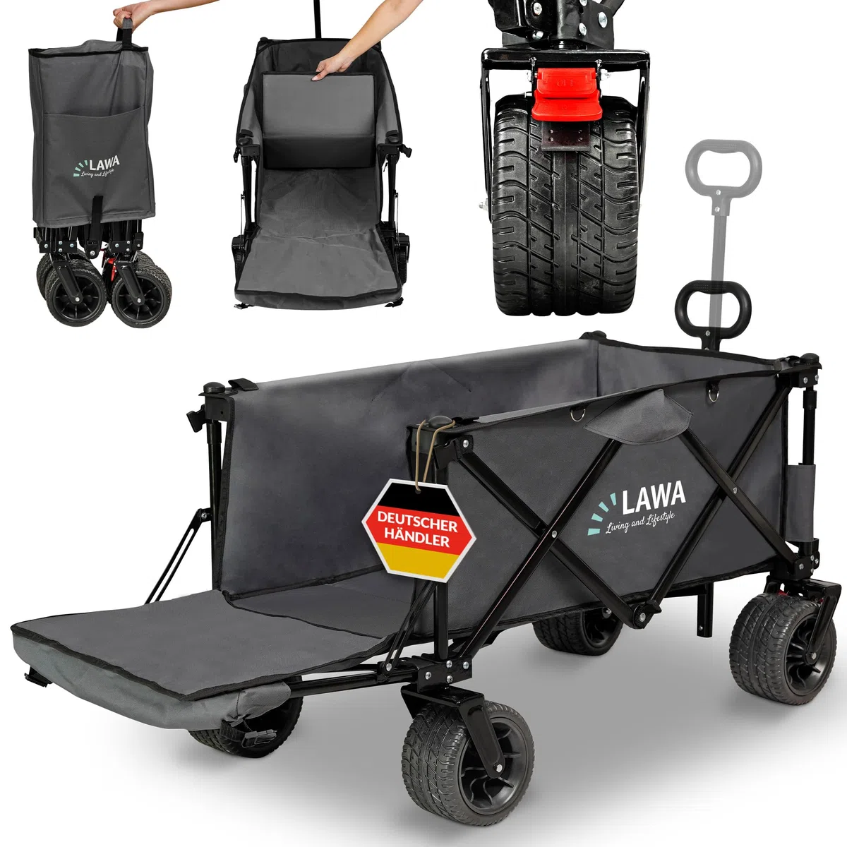Carrello pieghevole per spiaggia e spesa con portellone posteriore, portata 100 kg, freno a pedale, ruote orientabili, maniglia estensibile