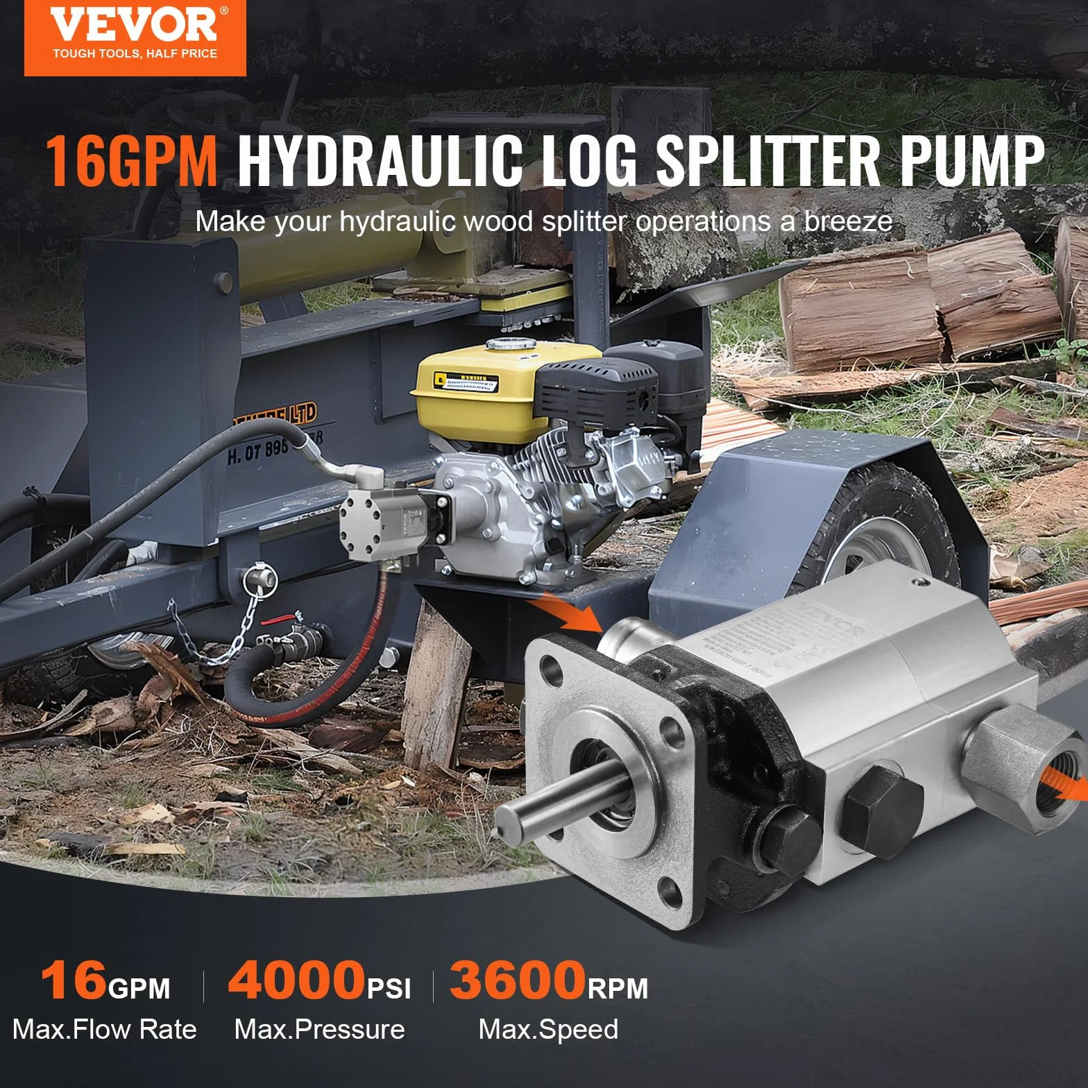 VEVOR Kit pompa idraulica per spaccalegna 16 GPM pompa ad ingranaggi idraulica in alluminio a 2 stadi 4000 PSI, con valvola di ingresso 1", uscita NPT 1/2" 3600 giri/min, per piccolo motore