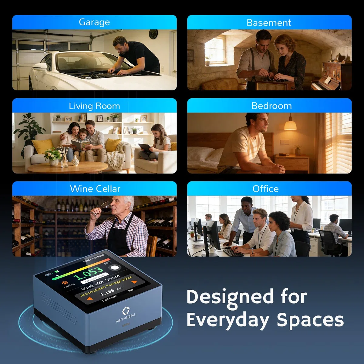 Airthereal Rilevatore di Radon per Casa, touchscreen da 3,4”, aggiornamenti ogni 10 minuti, allarmi acustici e visivi, design portatile e ricaricabile, monitoraggio a lungo termine, blu