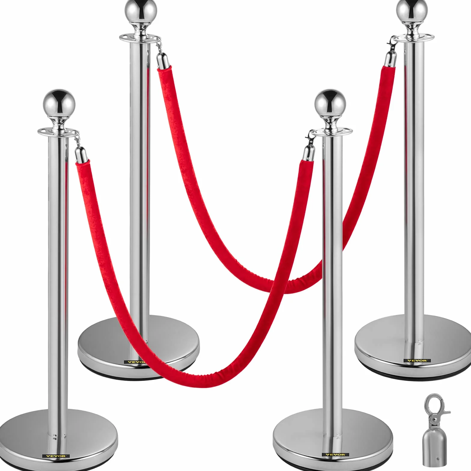Mophorn Palo separatore a nastro estensibile 4 set barriere di sicurezza a 2 corde, lunghezza della corda 1,5 m argento