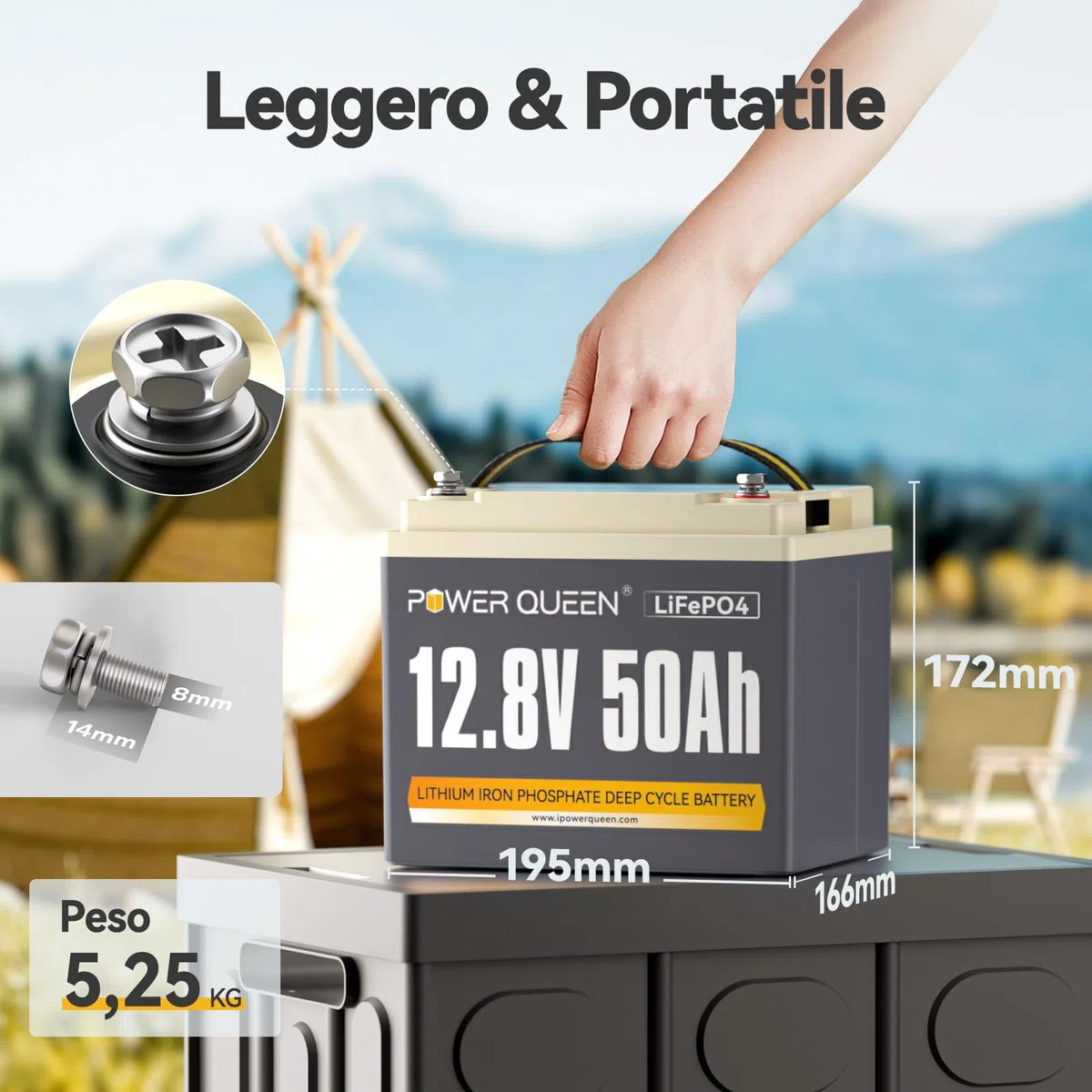 Power Queen Batteria al Litio 12V 50Ah 640Wh Batterie LiFePO4 a Ciclo Profondo fino a 15000+ Cicli Batteria Ricaricabile con BMS 50A per Scooter Elettrici Barca Camper Solare Marine Rasaerba