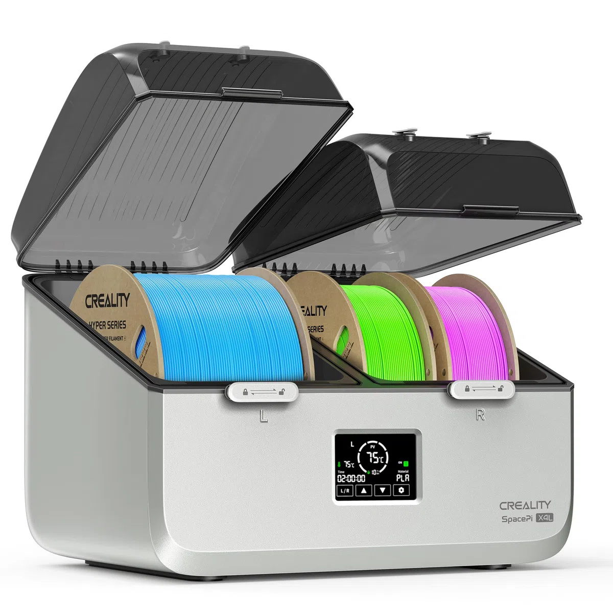Creality Essiccatore Filamento per 4 Bobine, SpacePi X4L Filament Dryer, Doppie Camere di Riscaldamento Indipendenti, Temperatura fino a 75 °C, Touchscreen LCD, Box di Asciugatura per PLA PETG ABS TPU