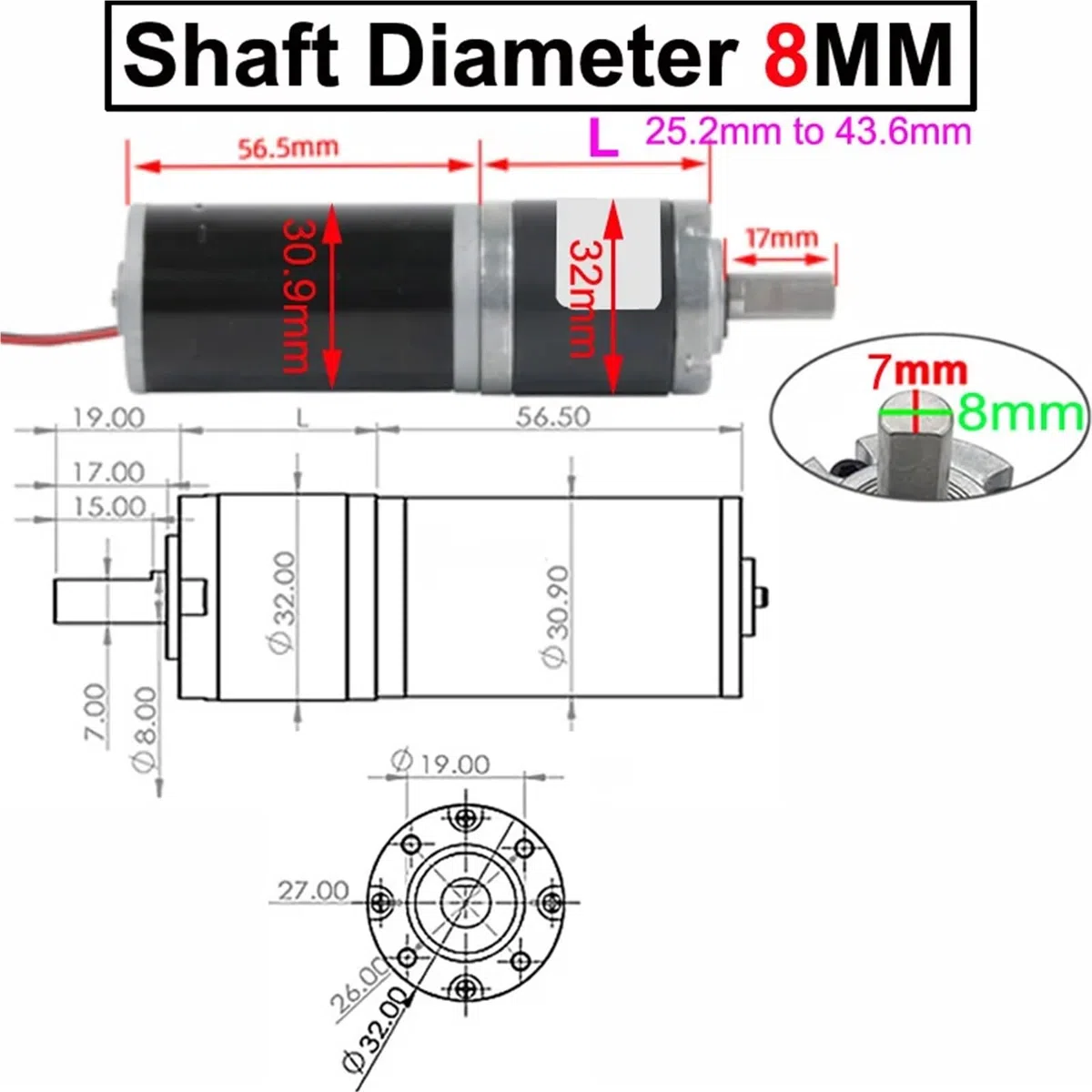 Motoriduttore planetario DC 24 V 12 V a bassa velocità piccolo diametro motore 32 mm velocità regolabile e diametro albero reversibile 6 mm o 8 mm (24 V 571 rpm 5 kgf.cm, diametro albero 8 mm)