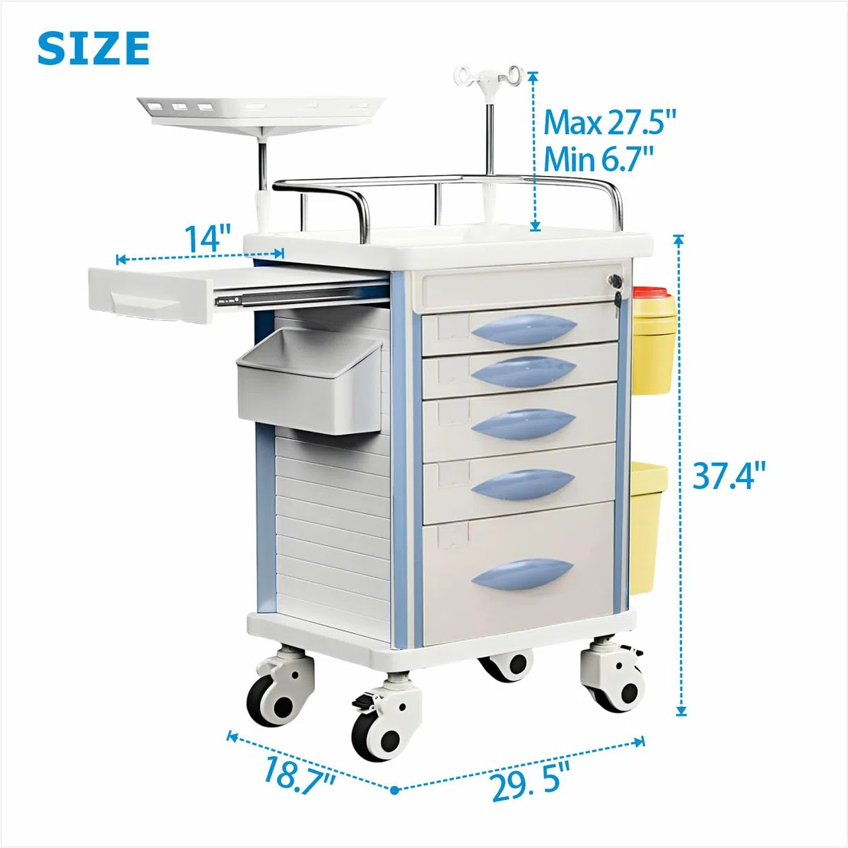 Carrello di emergenza con accessori IV Pole, scheda cardiaca, supporto O2, carrello mobile, bidone della spazzatura, cassetto per clinica, centro infermieristico, 76,2 cm L x 48,3 cm L x 96,5 cm H