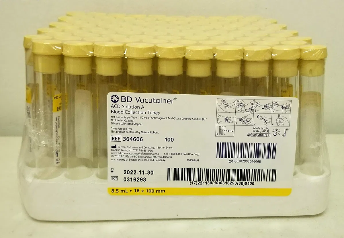 "Scatola di 100" Tubo, Giallo Top, 8.5 ML, Vetro, ACD Soluzione A, BD 364606