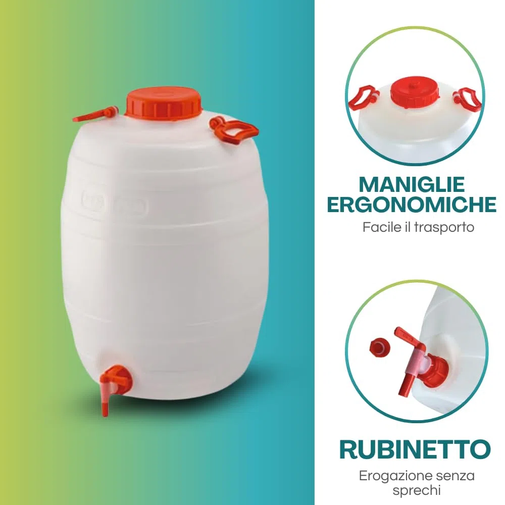 Paluplus Fustino Botticella con Rubinetto, Misura 39x56 cm e Capacità 50 Litri, Contenitore in Plastica con Maniglia in Acciaio per il Trasporto di liquidi -050F2,6