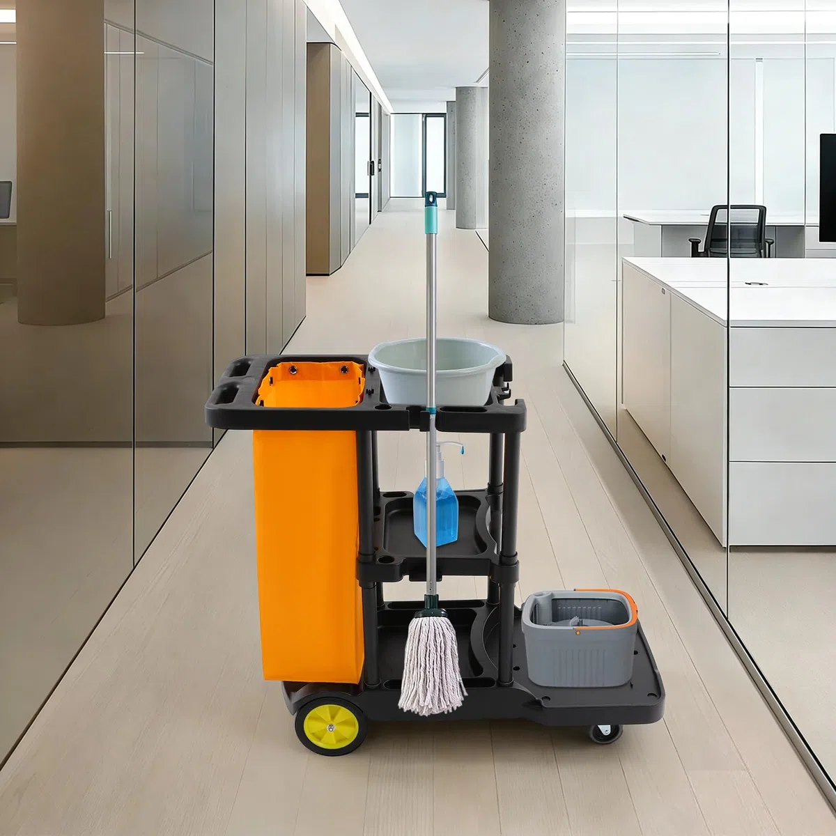 Carrello per la pulizia professionale con ruote, 3 ripiani e borsa in vinile, carrelli igienici per uffici, hotel, centri commerciali, portata 100 kg, 113 x 56 x 93 cm