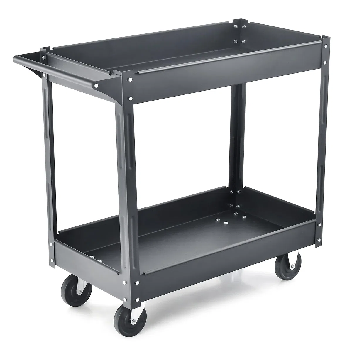 GYMAX Carrello Portaoggetti a 2 Livelli, Carrello Portautensili in Metallo Robusto con 4 Ruote Lisce, Carrello di Servizio con Maniglia Ergonomica, per Garage, Magazzino, Cucina, Nero/Rosso (Nero)