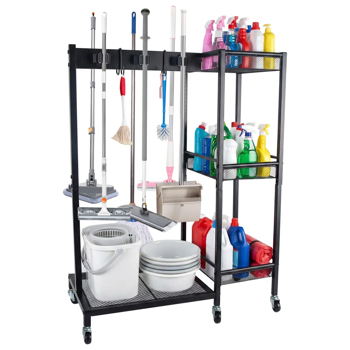 Portascope per la pulizia, carrello mobile con 6 ganci e 3 ganci doppi per la casa, porta scopa e mocio per uso domestico, 25,6 × 11,8 × 33,5 in
