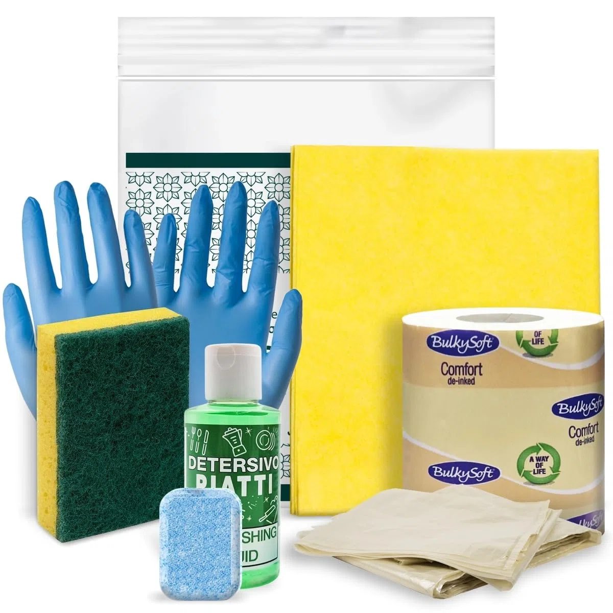 Kit cortesia Residence 004G, set pulizia cucina 7 pezzi per appartamenti, campeggi e B&B - (Cartone da 20 kit)