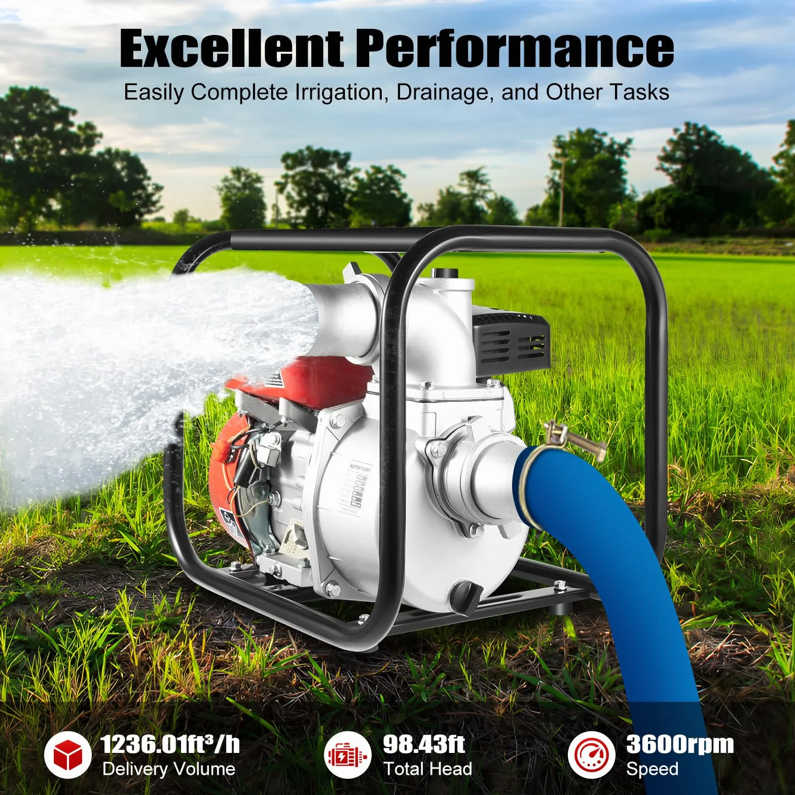 Pompa dell'acqua a benzina a 4 tempi, 212 CC, 7,5 CV, pompa da giardino, pompa per acqua sporca, con lunghezza del tubo dell'acqua di 7,5 m, altezza di erogazione di 30 m, altezza di