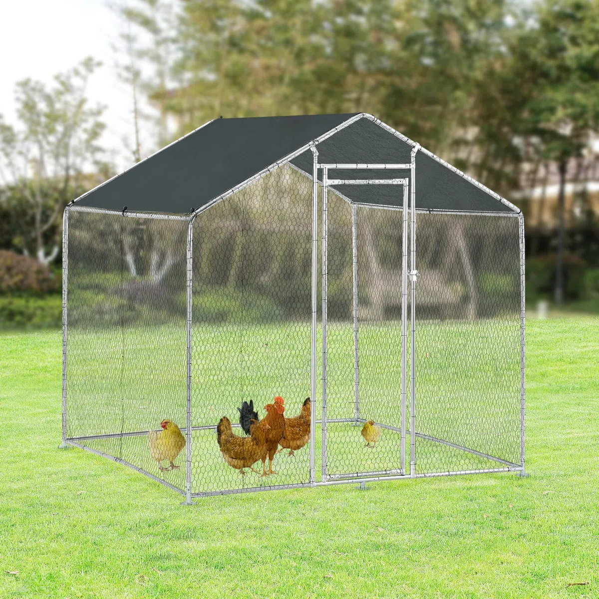 pro.tec Gabbia per Pollame con Tettuccio Protezione Sole e Porta Voliera da Giardino Pollaio da Esterno per Volatili Conigli 2x2x2 m con Recinzione a Rete Metallica - Argento/Verde Scuro