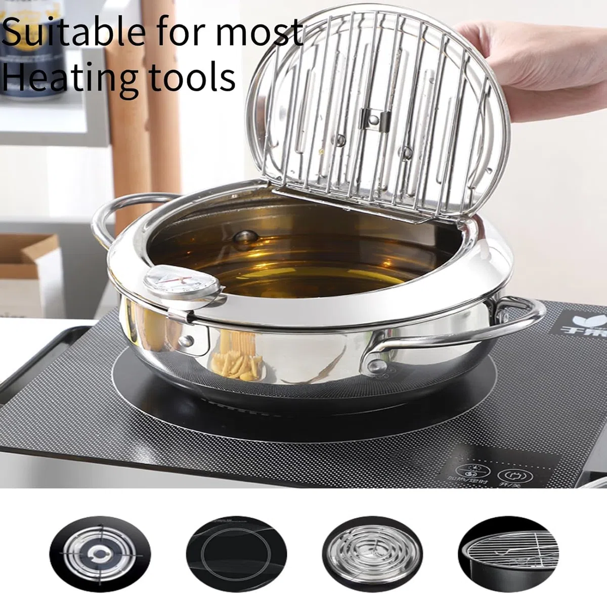 Pentola per frittura, pentola giapponese in acciaio inox con scarico dell'olio, controllo della temperatura e coperchio, friggitrice tempura per fornelli a gas/induzione, per patatine e pollo (24CM)