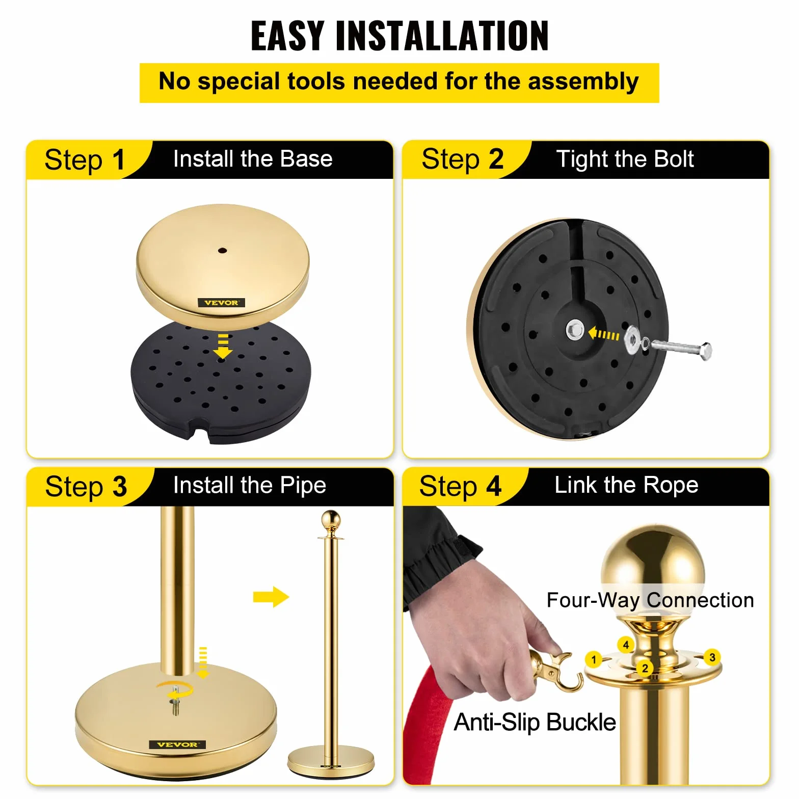 Mophorn Palo separatore per nastro estensibile 4 set barriere di sicurezza a 3 corde lunghezza della corda 1,5 m oro