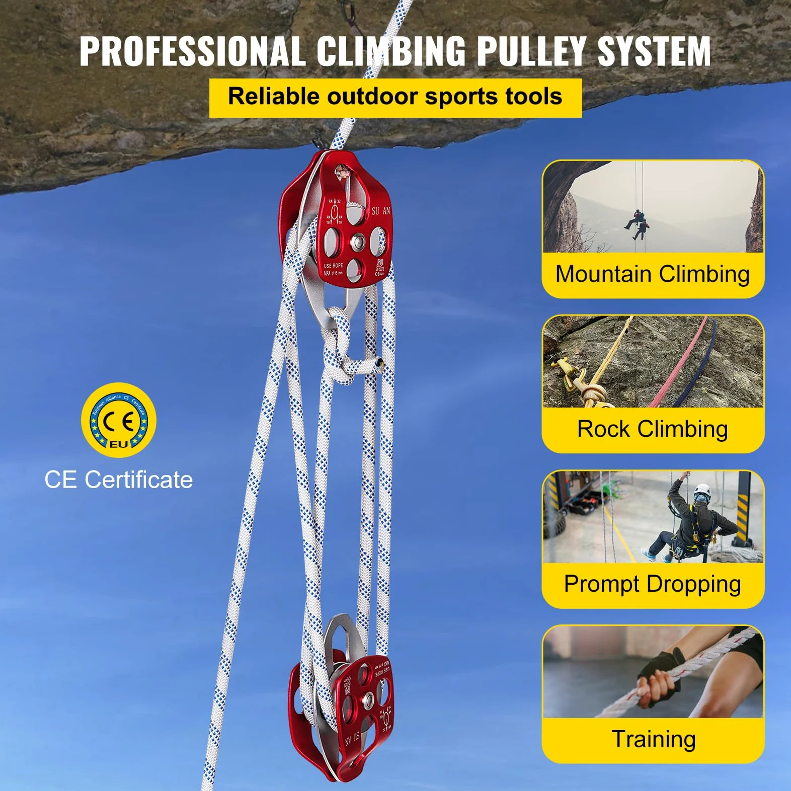VEVOR Bozzello a doppia puleggia e attrezzatura 0,43-0,5 pollici 100-200Ft Bozzello a doppia puleggia con corda intrecciata 30-35KN 6600-7705LBS Rigging a doppia puleggia (1/2" x 200')