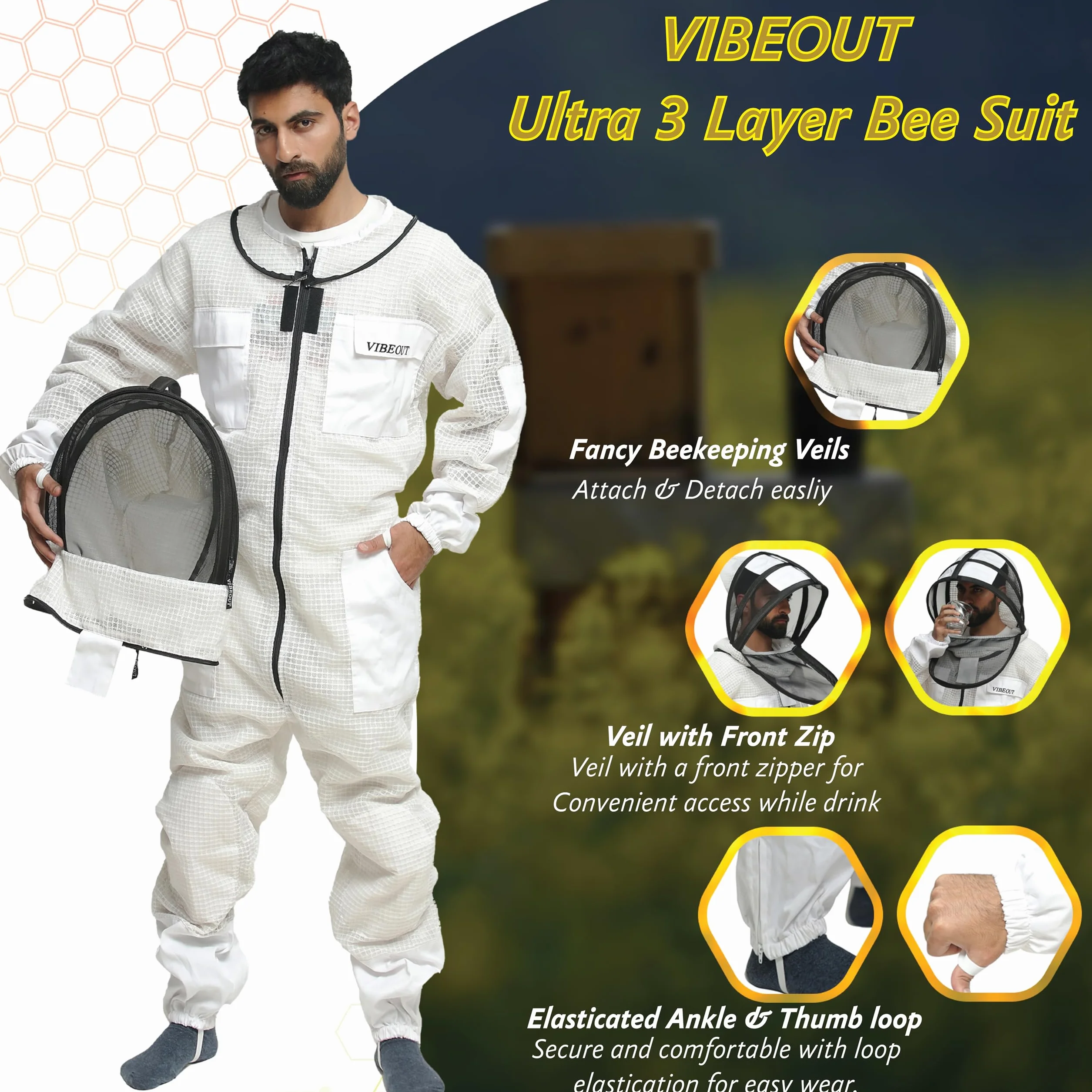 Tuta da apicoltura ultra ventilata, a 3 strati, in rete ad aria, per uomini e donne, con velo da scherma, professionale, a prova di puntura, per apicoltura, attrezzatura di protezione per apicoltori