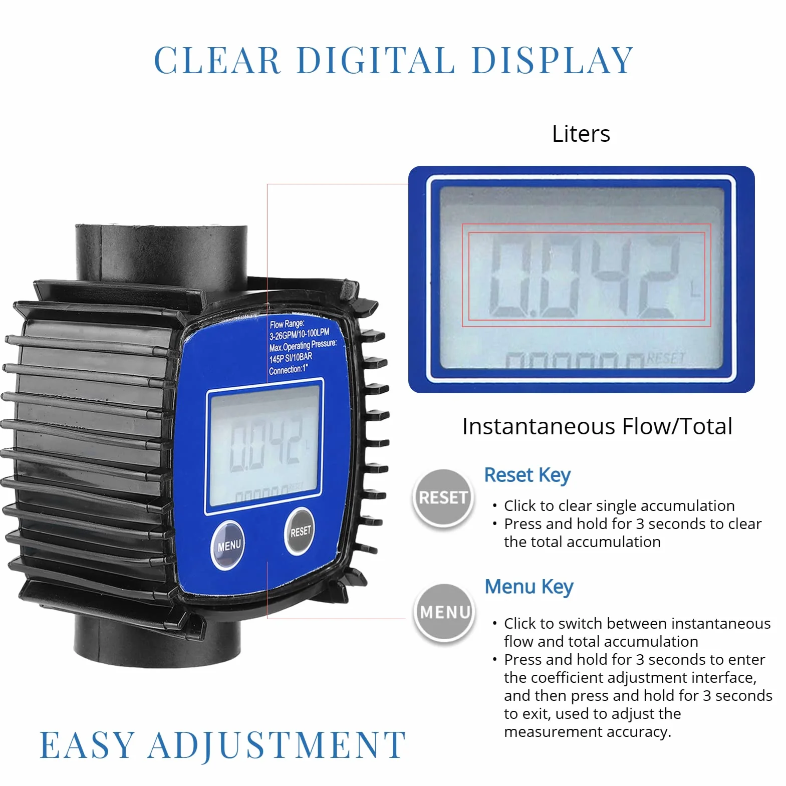 Misuratore di flusso di Digital, 5-120 L/Min 1 misuratore di flusso della turbina di pollice con esposizione LCD, misuratore di flusso del combustibile di accuratezza di 1% per i