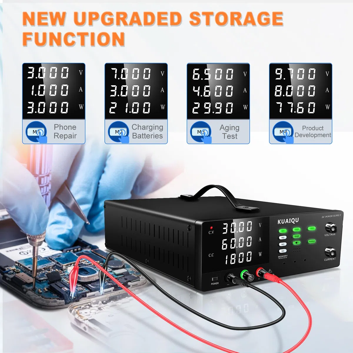 Alimentatore da Laboratorio 30V 60A 1800W Alta Potenza Alimentatore da Banco con Memoria/OCP/OVP/OUTPUT/Encoder/LOCK, Alimentatore Regolabile per Laboratorio, Automazione e Alimentazione di LED