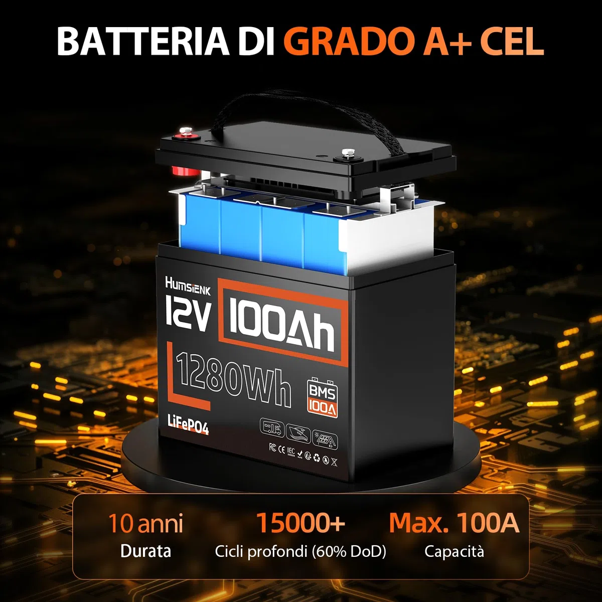 Humsienk Batteria Litio 12V 100Ah con 100A BMS e Protezione Bassa Temperatura, 1280Wh Energia, Max. 15000 cicli, Batteria LiFePO4 12V per Camper, Barca, Impianti Solari, Off-Grid