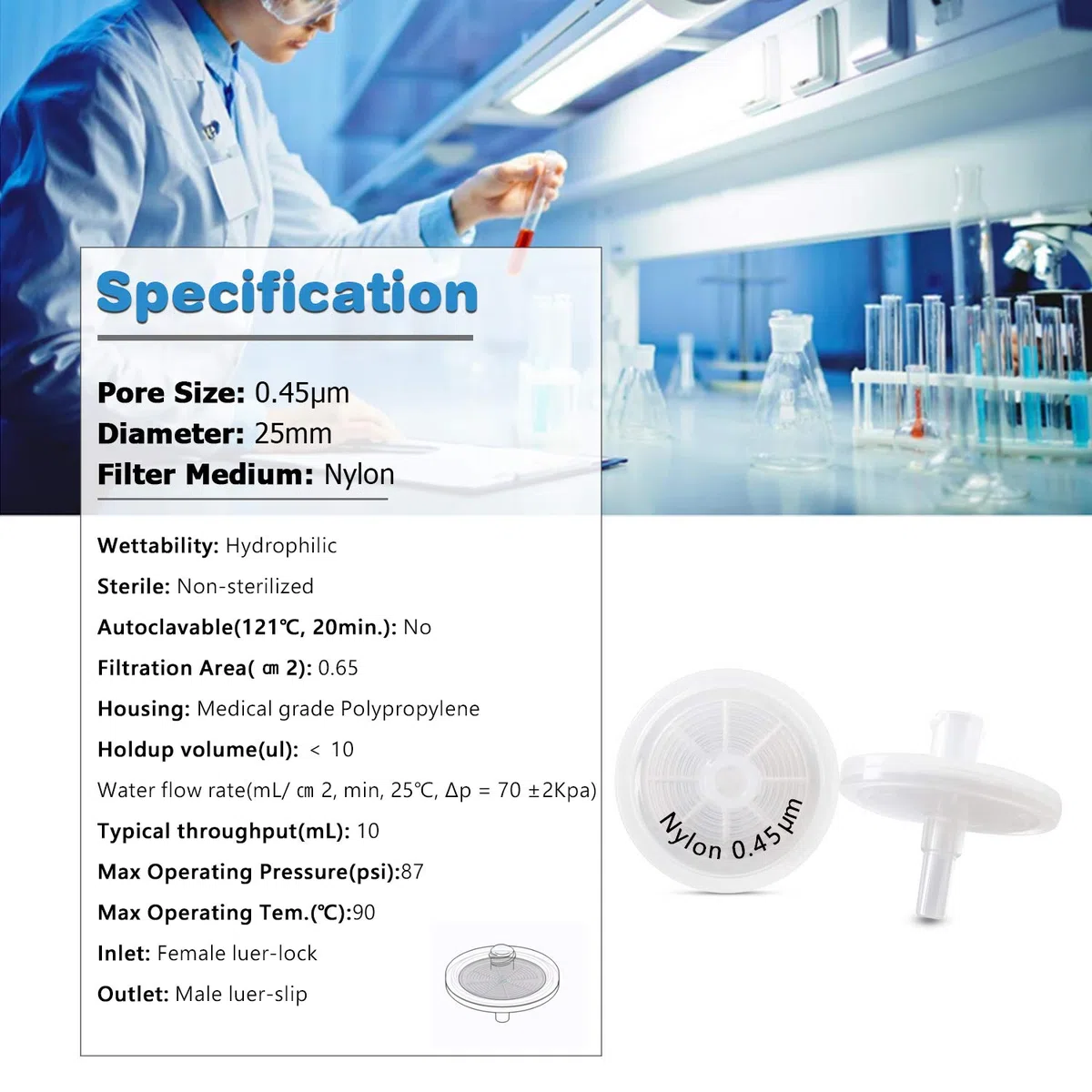 Biotechnology - Filtri per siringa [membrana in nylon idrofila] non sterilizzati, diametro 25 mm, 0,45 μm, dimensione dei pori per filtrazione da laboratorio, confezione da 100