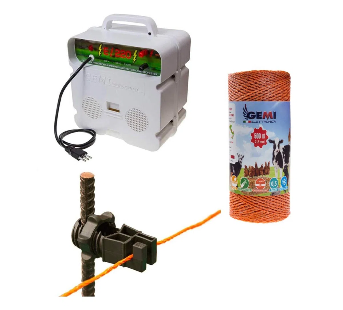 Recinto Elettrico Kit per Uso Professionale con 1 x Elettrificatore 220V + Filo 500 MT 2.2 Mm² + 100 isolatori per Pali in Ferro - Recinzione Elettrificata per Pecore Galline Mucche maiali Volpi