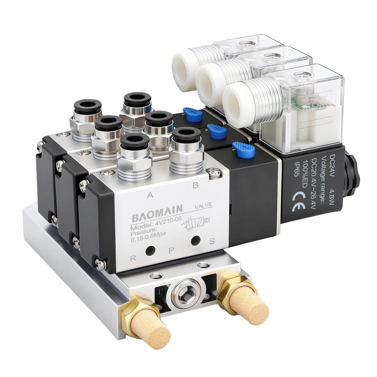 Baomain elettrovalvola pneumatica 4V210-08 DC 24V 3 spazio 2 posizione 5 modo triplo silenziatori raccordi rapidi base set(2 posizioni valvola a 5 vie 3 spazi)