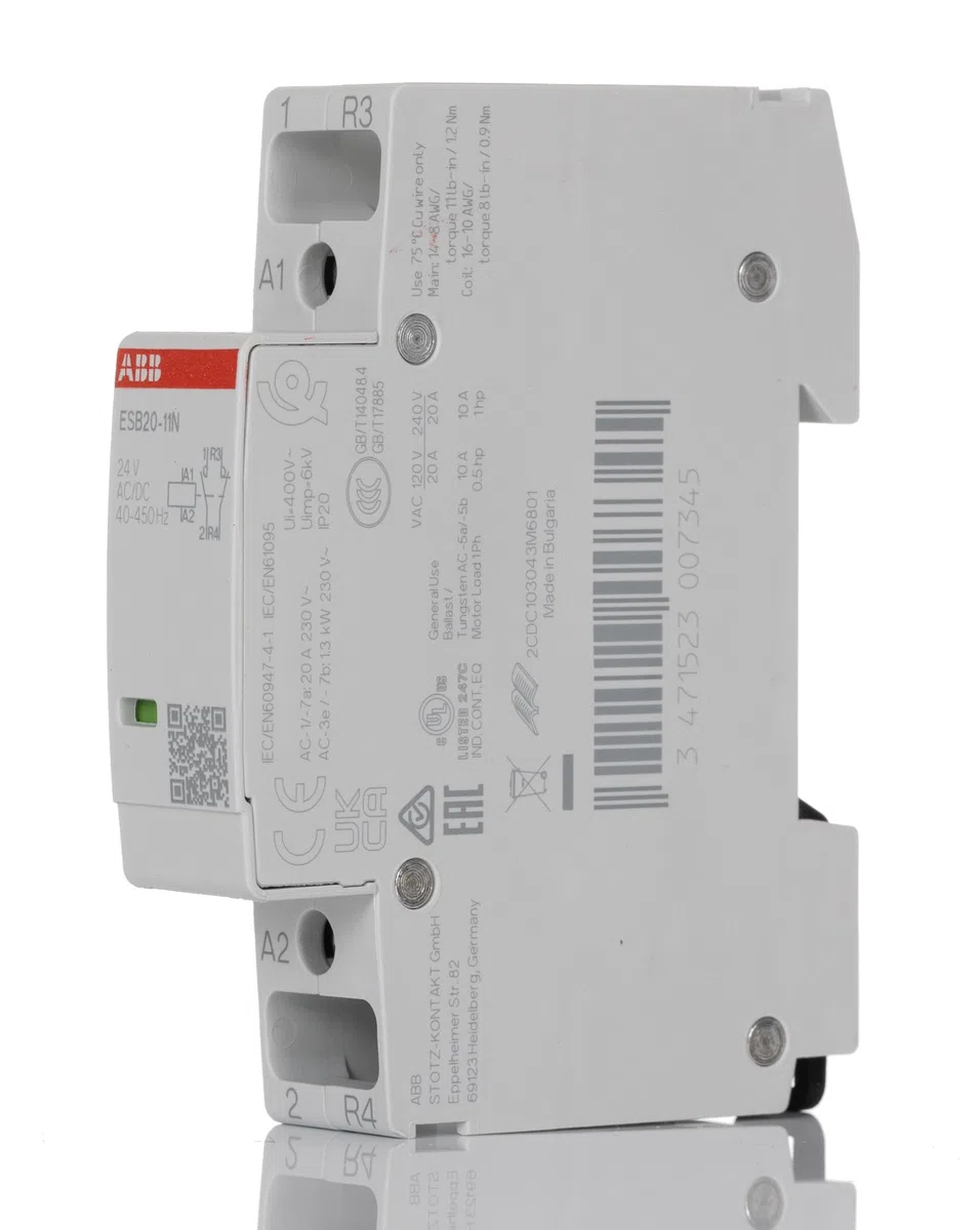 Contattore di installazione, modello ESB20-11N-01, 1 contatto principale NC e 1 contatto principale NO, 24 AC/DC, 1 milione di usi, bianco, 6,5 x 1,8 x 8,5 centimetri (riferimento: 1SBE121111R011)