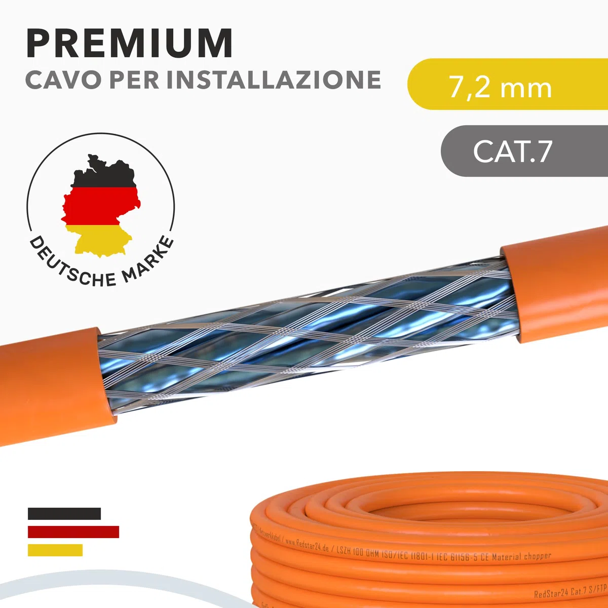 RedStar24 CAT 7 Cavo di rete 50m - Cavo Ethernet CAT7 Schermato - Cavo dati LAN Gigabit S/FTP, PIMF, PoE, 10Gbit/s, Senza alogenuri, Cavo di installazione in rame - 50 metri
