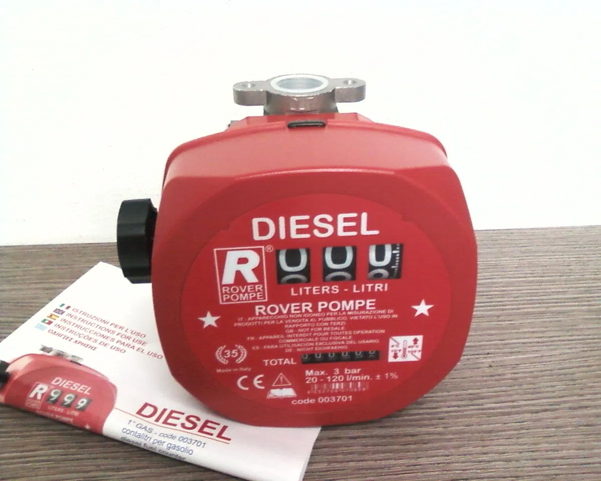 Contalitri Meccanico Per Gasolio Misuratore Per Travaso Di Gasolio. Corpo In Polipropilene, Filetti In Ottone. Pressione Max 3 Bar. Installabile Sia Su Pompe Da Travaso Manuali Che Elettriche. Portata Lt./Min. 10 ÷ 120.