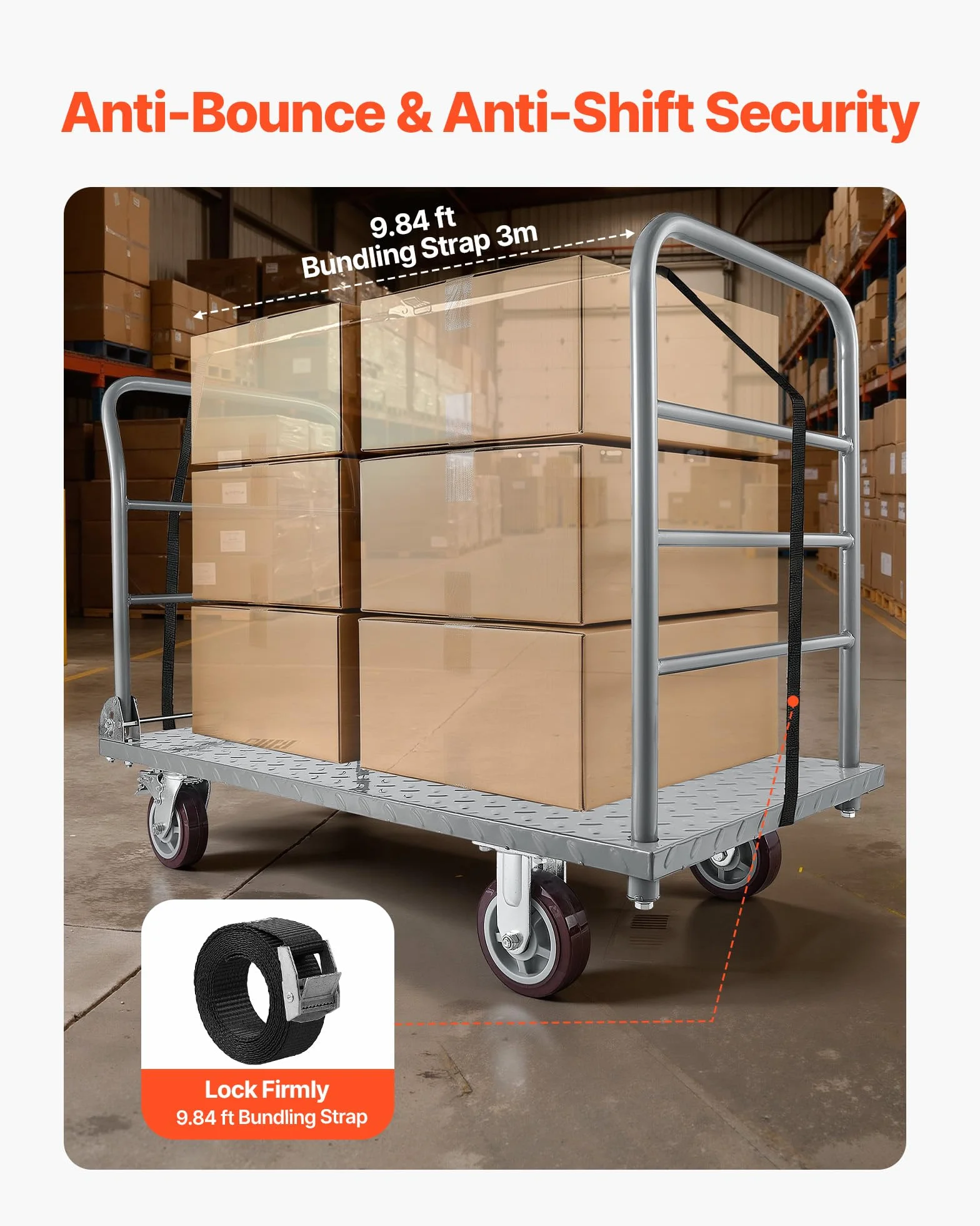 VEVOR Carrello da Trasporto a Piattaforma Capacità Carico max. 1202,02 kg, Carrello con Pianale Maniglia Doppia Pianale per Trasporto di Pacchi Merci Traslochi 1220 x 610 x 920 mm Ruote Girevoli