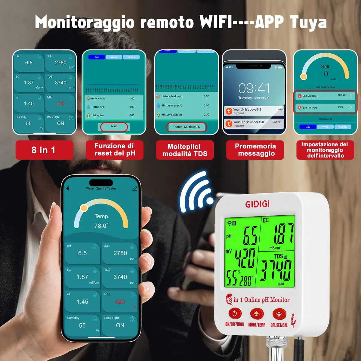 Monitor di pH ppm WiFi, tester intelligente della qualità dell'acqua 8 in 1, misuratore di pH EC idroponico, tester pH TDS EC sale ORP con kit di soluzioni calibrazione, tester salinità per acquari