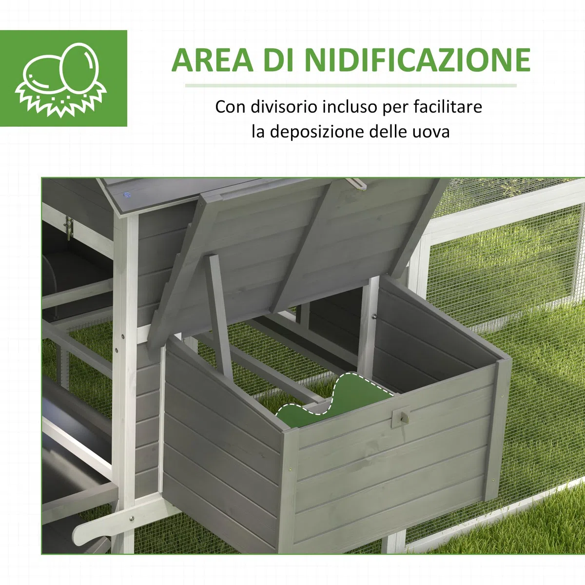 PawHut Pollaio in Legno con 2 Nidi, Pollaio per Galline Ovaiole da Esterno, Casetta per 4-6 Galline con Rampa e Area Aperta Recintata, Facile Pulizia, 310.5x149.5x149 cm, Grigio