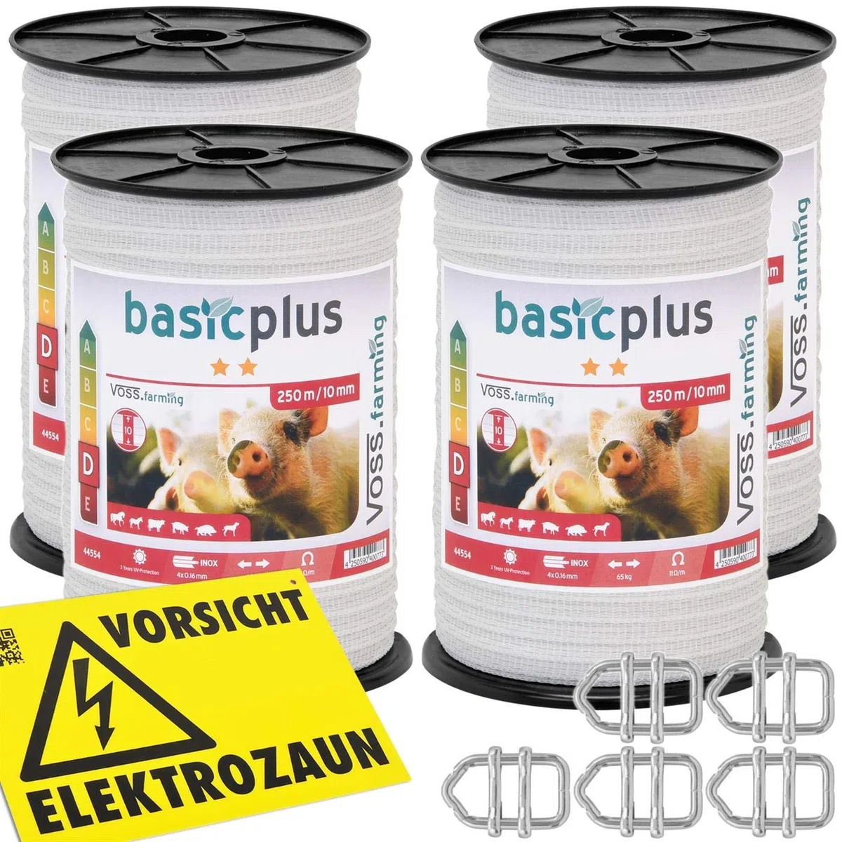 VOSS.farming 4 pz. Nastro per Recinzione elettrica, Lunghezza 250 m e Larghezza ca.10 mm, con Fili in Acciaio Inox 4 x 0,16, Colore Bianco