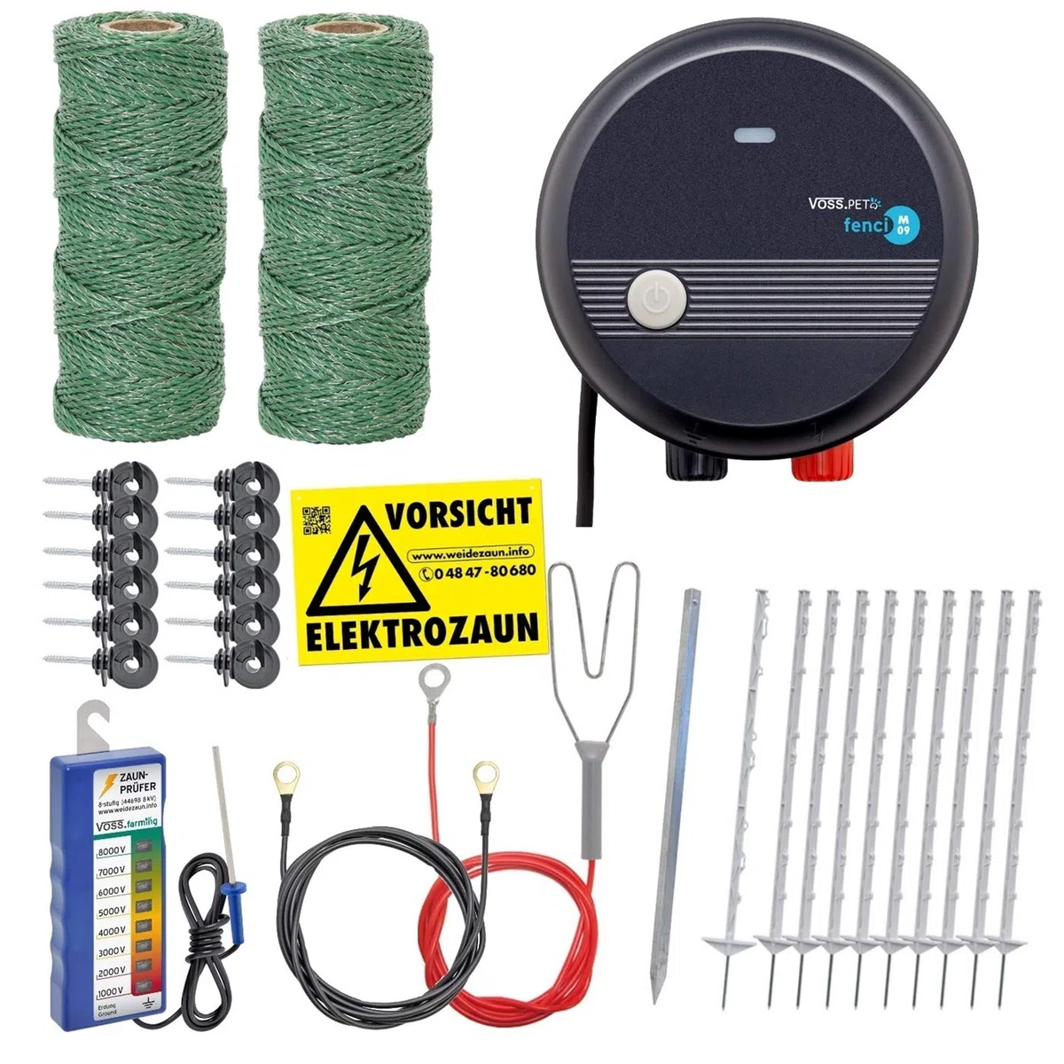 VOSS.farming Set Completo per recinzioni elettriche in Giardino, con Molti Accessori tra Cui 2 pz. Filo 100 m Colore Verde, 1 pz. Tester e 10 Pali Bianchi 105 cm