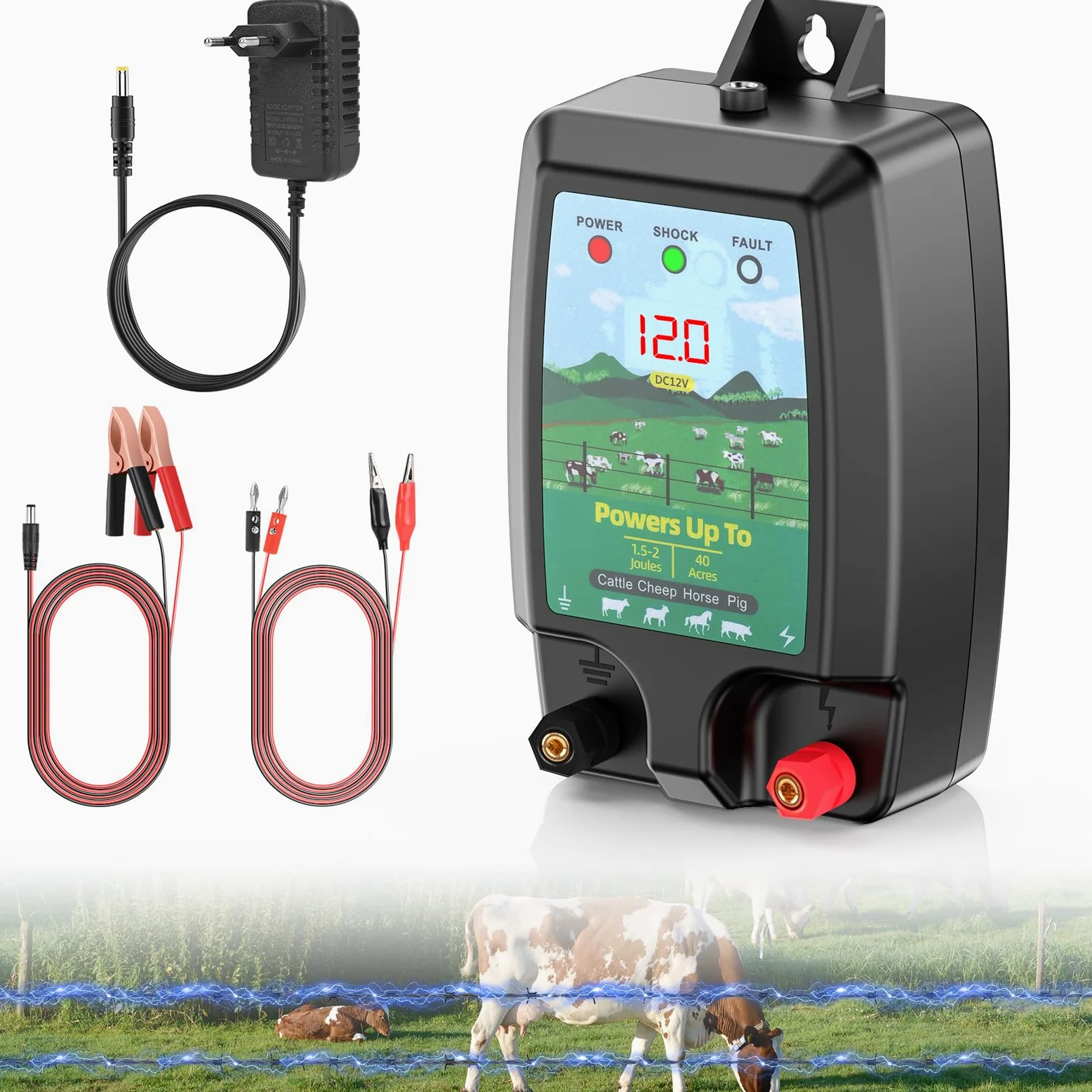 Recinzione Elettrica per Animali 10KM, Potente Elettrificatore 2J Recinzione Elettrica con Schermo LCD, Recinzione Elettrica ad Alta Potenza Impermeabile per Protezione degli Animali