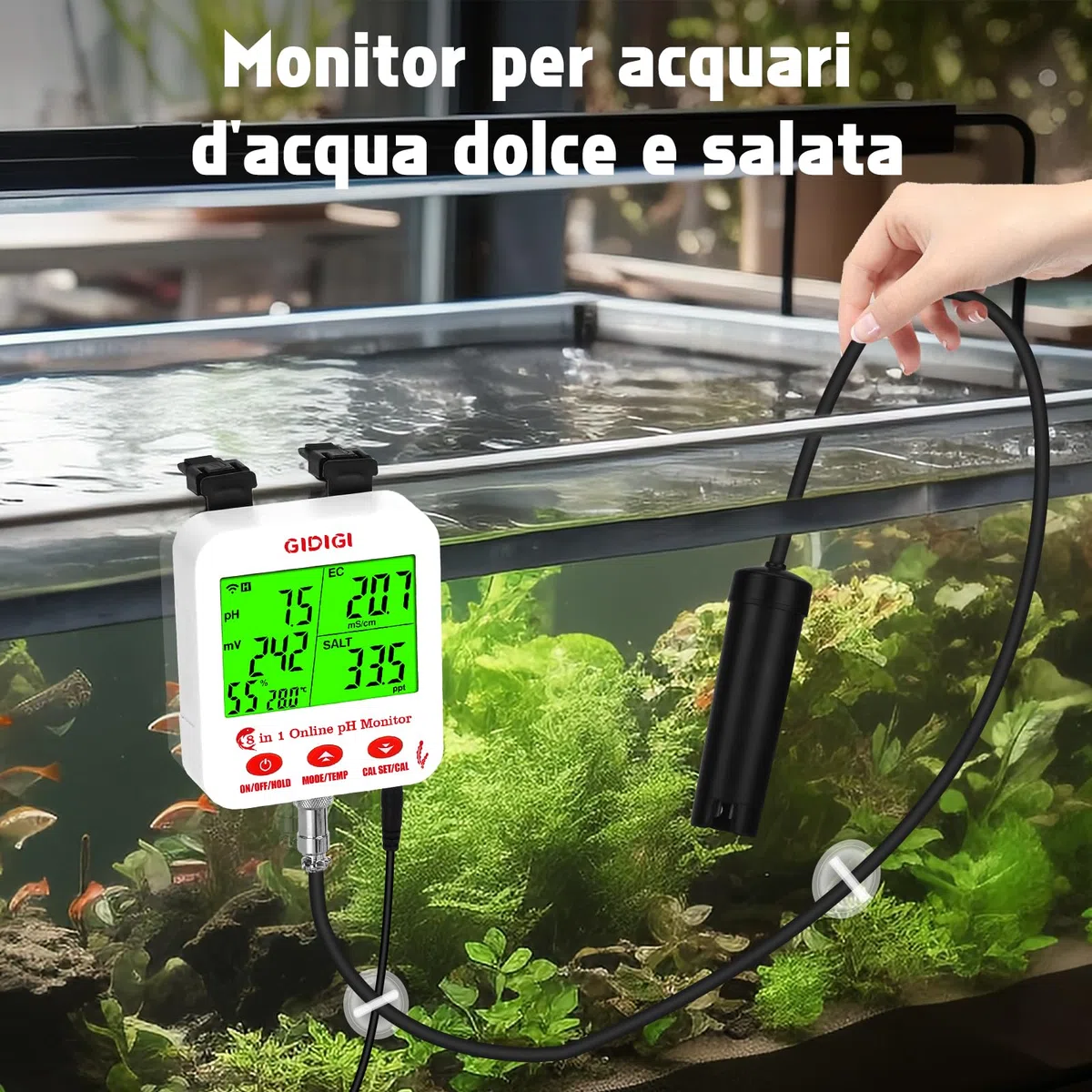 Monitor di pH ppm WiFi, tester intelligente della qualità dell'acqua 8 in 1, misuratore di pH EC idroponico, tester pH TDS EC sale ORP con kit di soluzioni calibrazione, tester salinità per acquari