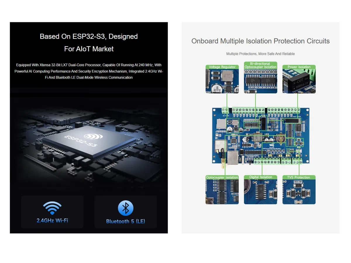 Waveshare Industrial ESP32-S3 8-Channel Control Board Digital Input/Output Controller Supports WiFi/Bluetooth / RS485 / Can/Ethernet Port