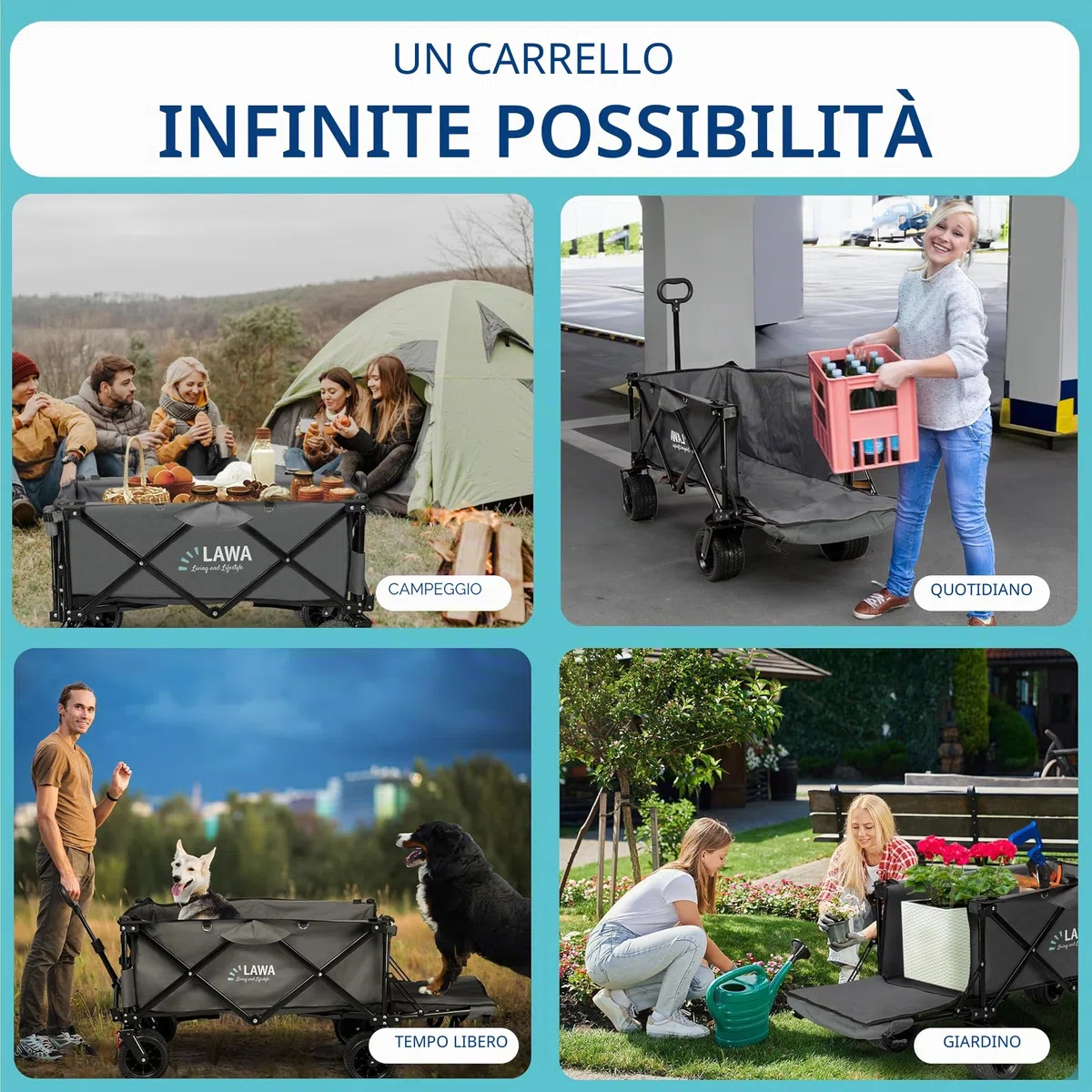 Carrello pieghevole per spiaggia e spesa con portellone posteriore, portata 100 kg, freno a pedale, ruote orientabili, maniglia estensibile