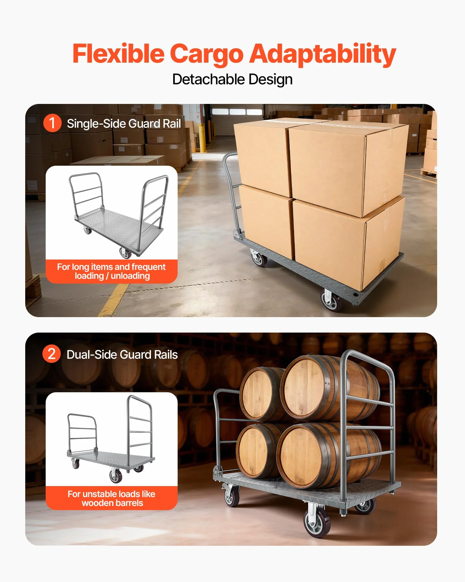 VEVOR Carrello da Trasporto a Piattaforma Capacità Carico max. 1202,02 kg, Carrello con Pianale Maniglia Doppia Pianale per Trasporto di Pacchi Merci Traslochi 1220 x 610 x 920 mm Ruote Girevoli