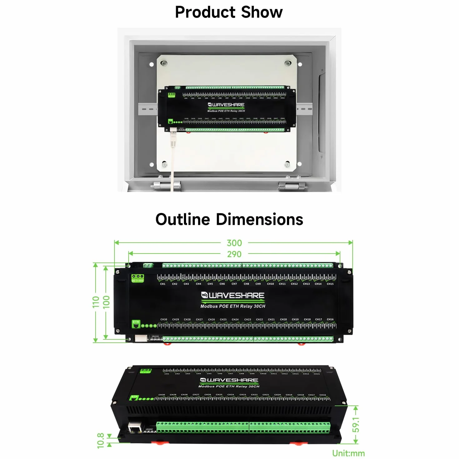 Waveshare 30-Ch Ethernet Relay Module, Modbus RTU/Modbus Transmission Control Protocol, PoE Port Communication, With Various Isolation And Protection Circuits, Industrial Grade Rail-Mount Case