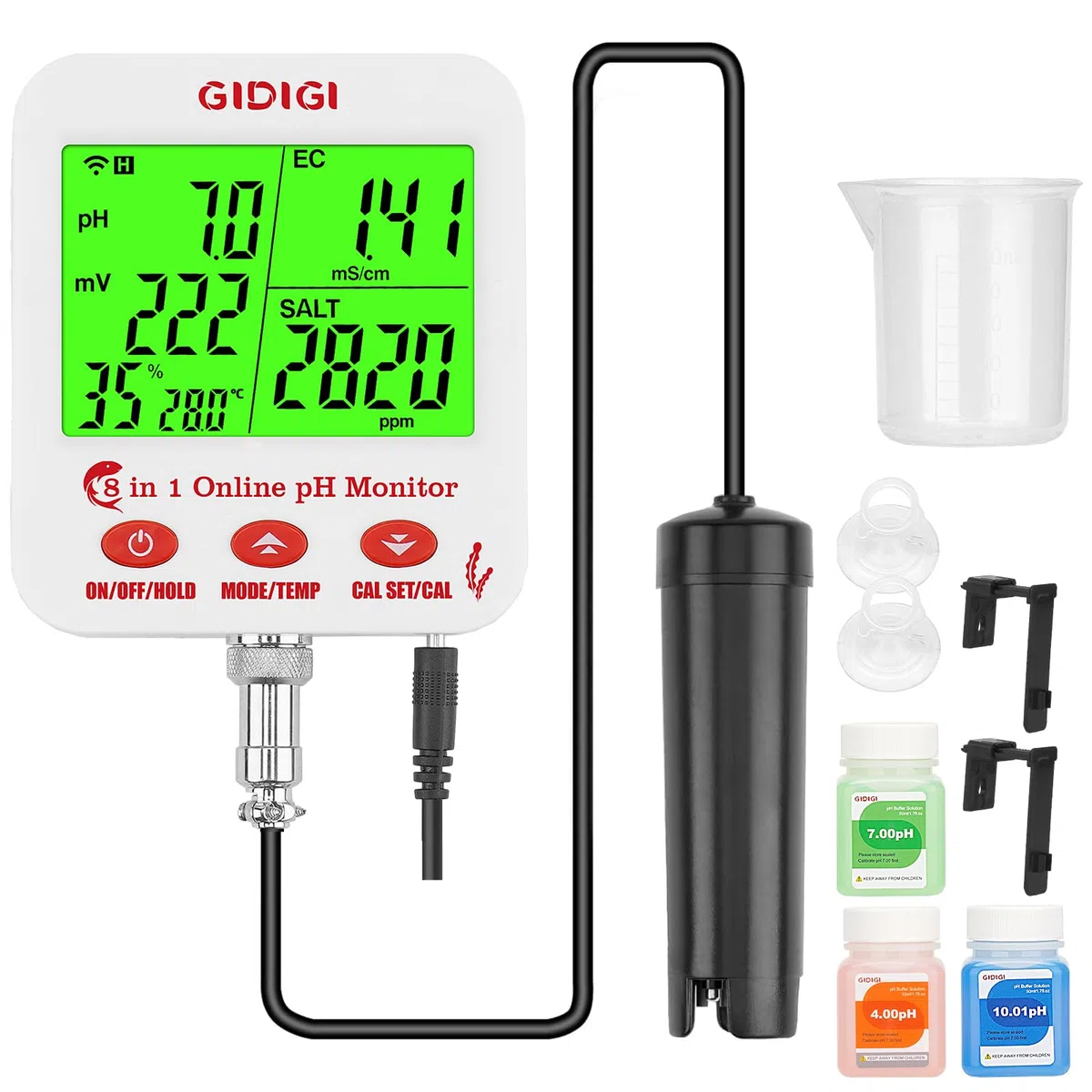 Monitor di pH ppm WiFi, tester intelligente della qualità dell'acqua 8 in 1, misuratore di pH EC idroponico, tester pH TDS EC sale ORP con kit di soluzioni calibrazione, tester salinità per acquari