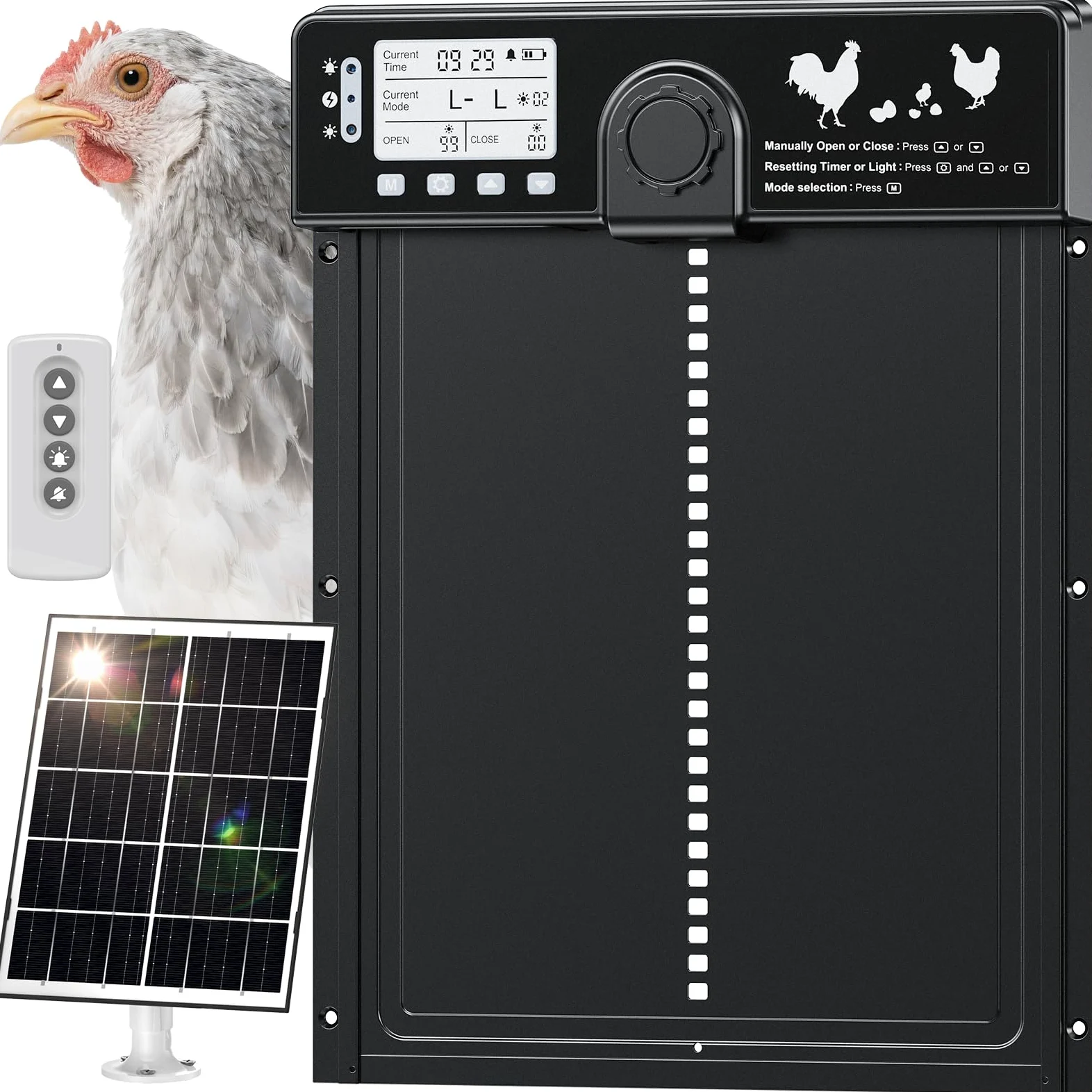CHAMUTY Grande Porta Pollaio Automatico Solare con Sensore Luminosità, Alluminio Porta Automatica Pollaio Elettrico con Telecomando, Timer Funzione Anti-Pizzico