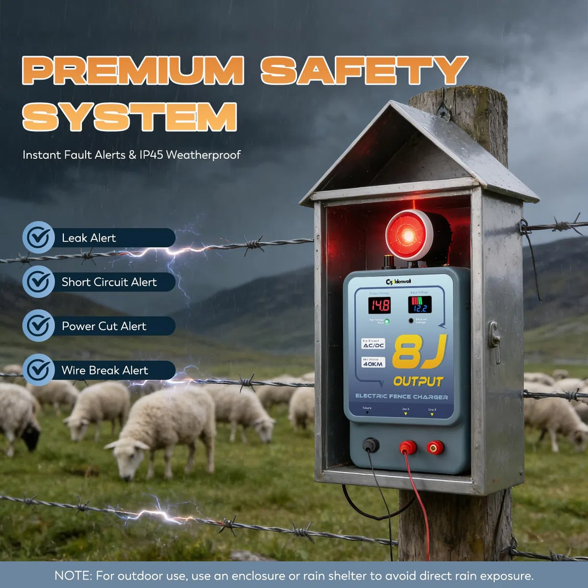 CGOLDENWALL 8J Elettrificatore per Recinzioni da Pascolo, AC/DC Alimentazione, 2 in 1 7-13KV regolabile, Allarme, IP45 Impermeabile, 40KM Portata per Cavalli, Pollame, Ranch, Giardino (8J)