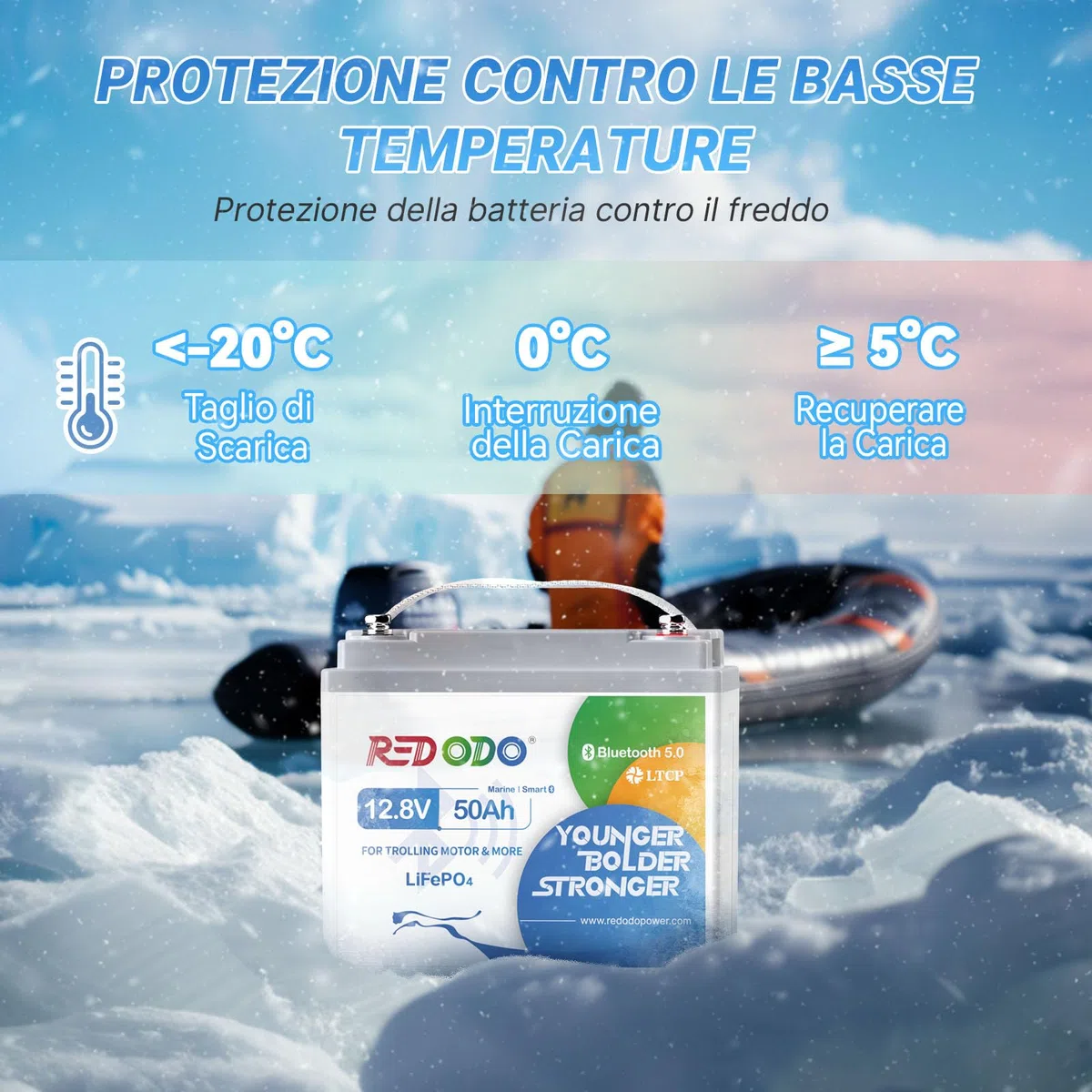 Redodo 12V 50Ah(1 PACK) Batteria LiFePO4 640Wh Batteria Litio con Bluetooth Resistente all'Umidità e alle Basse Temperature Protezione BMS Avanzata Ideale per Motori di Pesca a Traina