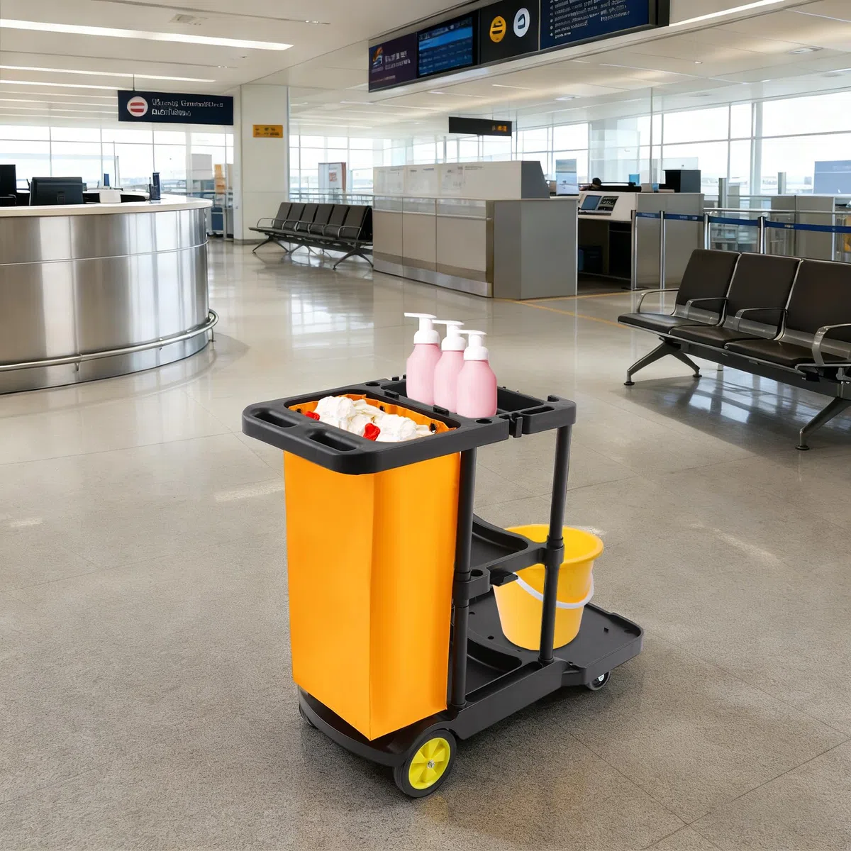 Carrello per la pulizia professionale con ruote, 3 ripiani e borsa in vinile, carrelli igienici per uffici, hotel, centri commerciali, portata 100 kg, 113 x 56 x 93 cm