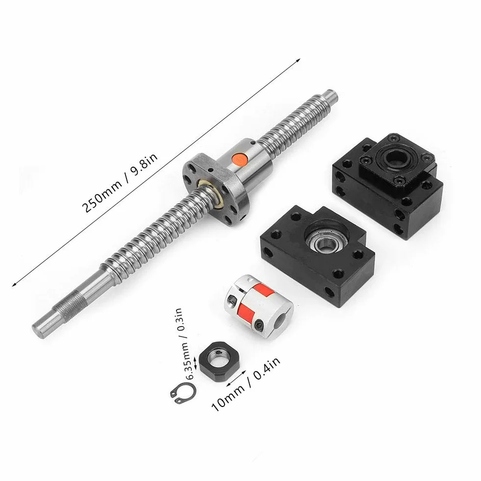 SFU1605 Set di viti a ricircolo di sfere 250 mm Vite a ricircolo di sfere in acciaio inossidabile e dado e supporto BKBF12 e accoppiamento 6, 35 * 10 mm per macchina CNC