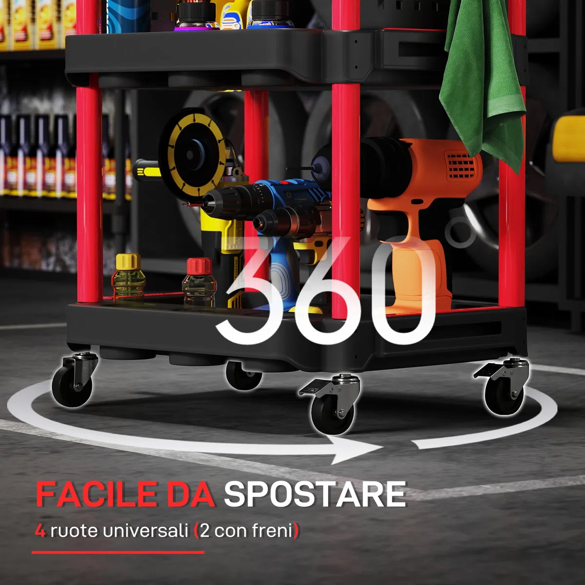HOMCOM Carrello Porta Attrezzi a 3 Livelli, Carrellino da Officina in Plastica con Pannello Forato Laterale Portautensili, Capacità 91 kg, Nero e Rosso